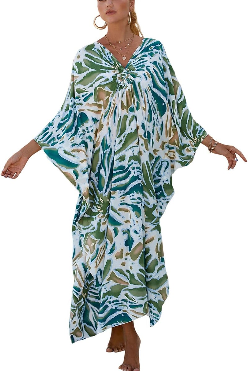 IMAGEKOPE Women's Plus Size Animal Print V-Neck Batwing Kaftan Beach Dress Bathing Suit Cover-Up Loungewear - Image 1